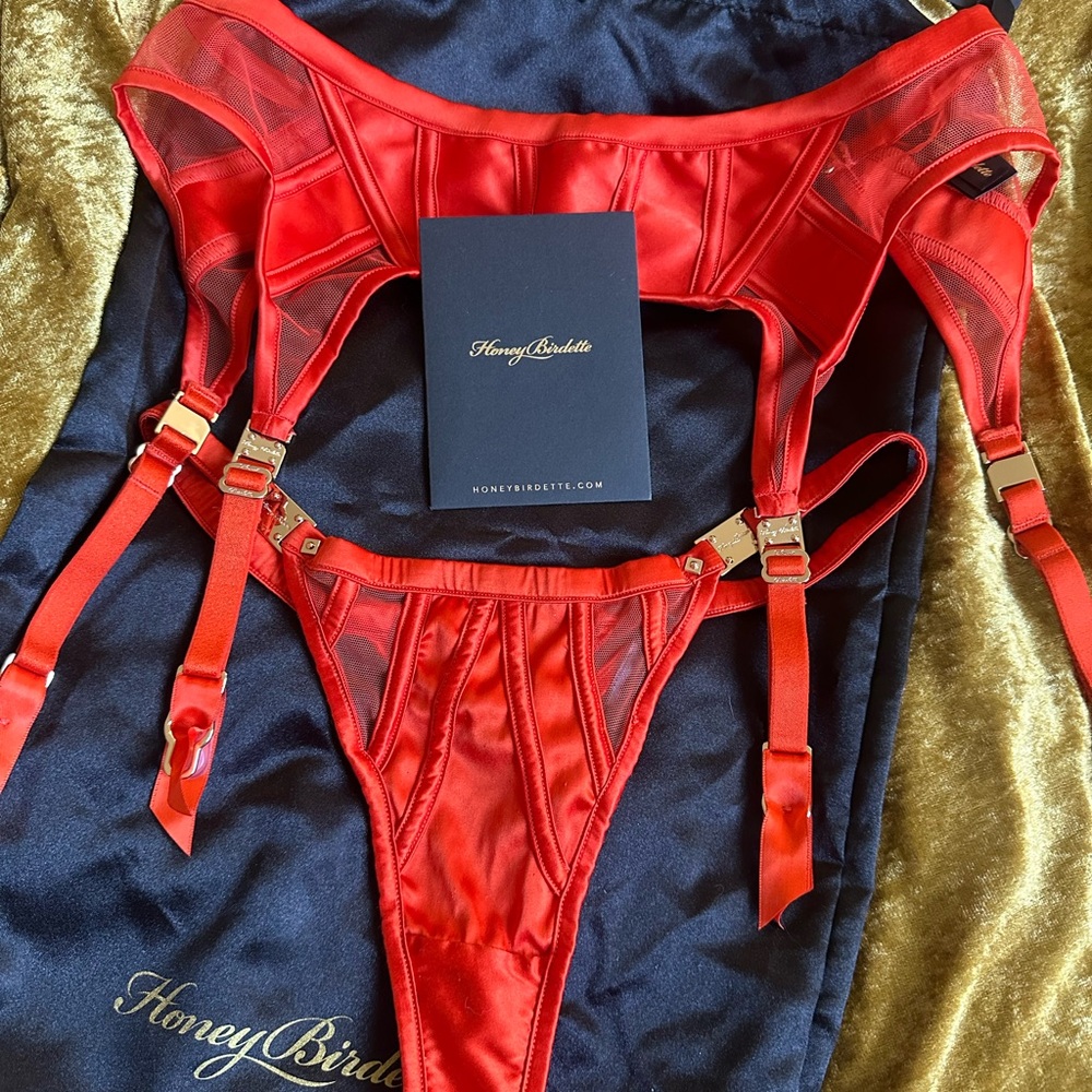 HB Erica Burnt Orange Mesh Satin Suspender Garter Belt & Slip Size S